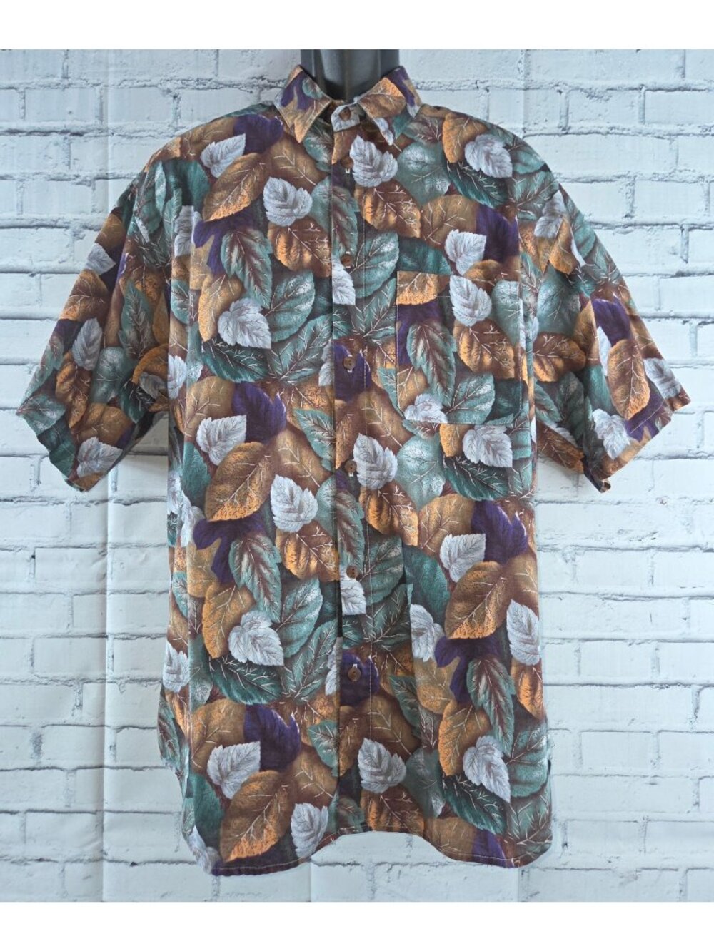 Straight Down Mens Leaf Print Button-Up Short-Sleeve Shirt Large